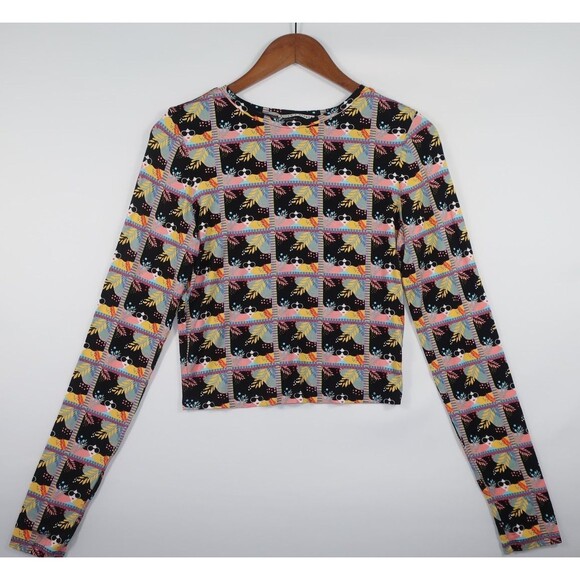 Alice & Olivia Delaina Stace Face Long Sleeve Crop Top All Ocer Print Multi M - Picture 1 of 12